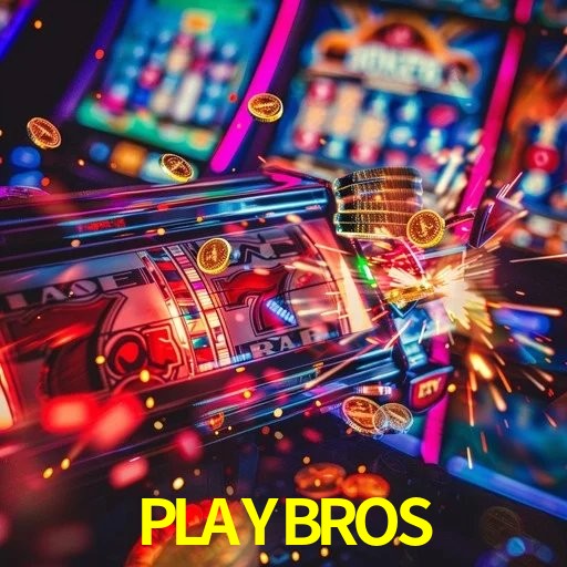 Escena dinámica inspirada en casino con iluminación PLAYBROS, cartas, fichas e íconos de juegos digitales en un espacio moderno de juegos.